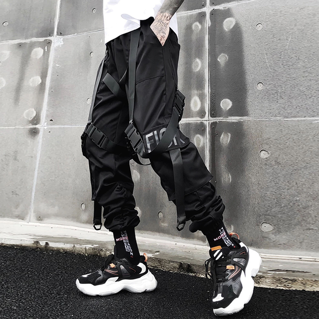 Left side black jogger cargo pants zippers on the side