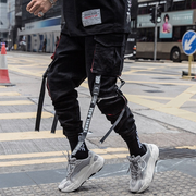 Black techwear pants with straps drawstring closure