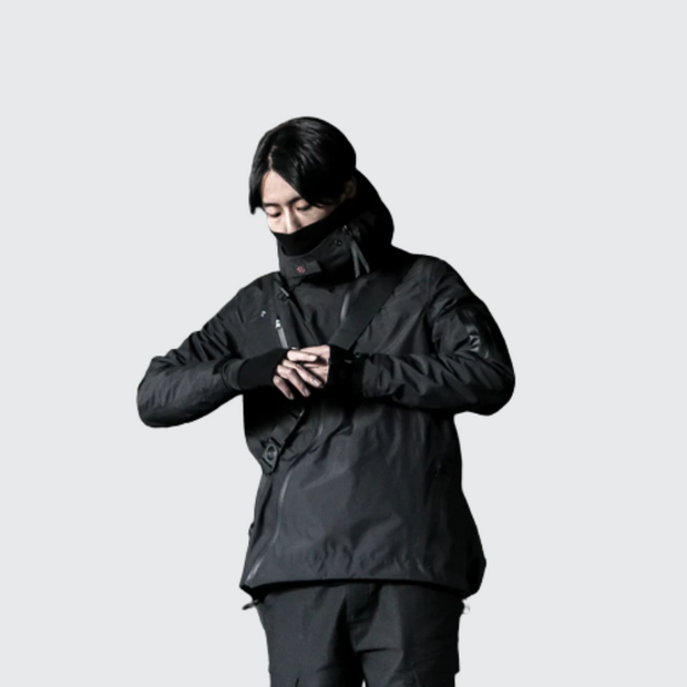 Man wearing black cyberpunk hoodie zipper closure