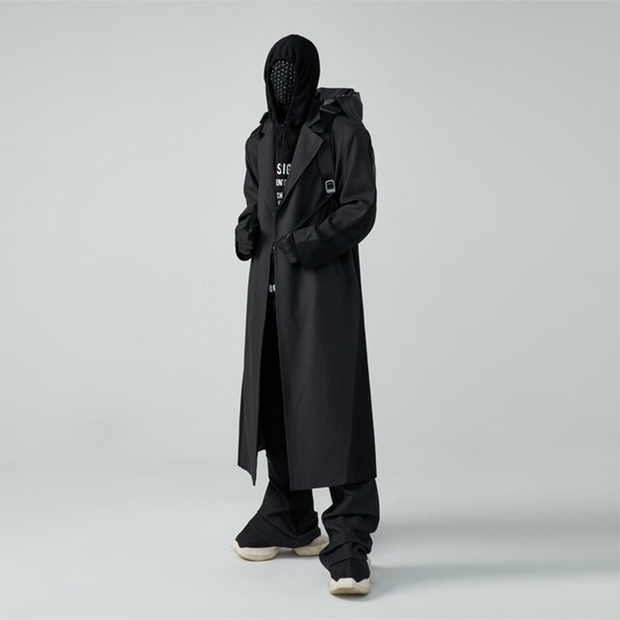 Long techwear coat is stylish and functional outerwear piece