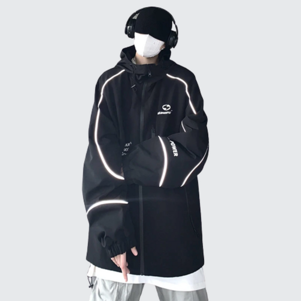 Man wearing black reflective hoodie zipper closure