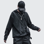 Man wearing black techwear hoodie shirt vintage patchwork washed hoodie