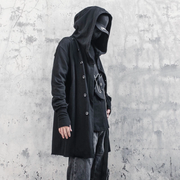 Man wearing black techwear trench coat comes with hood