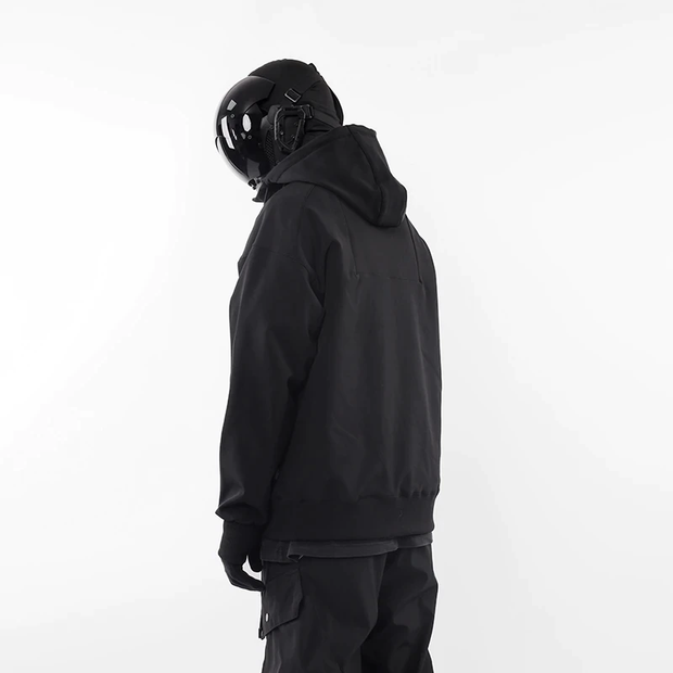 Man wearing black whyworks techwear hoodie half zipper closure