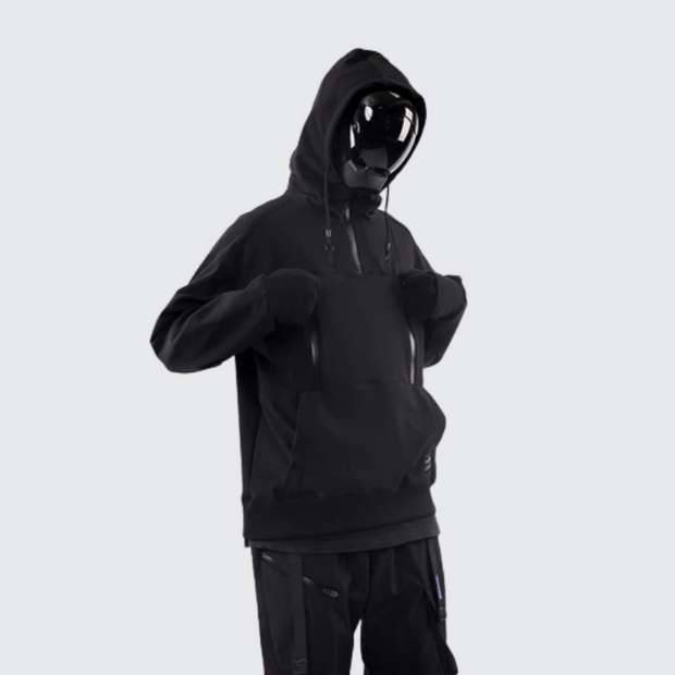 Man wearing black whyworks techwear hoodie big pocket on the front