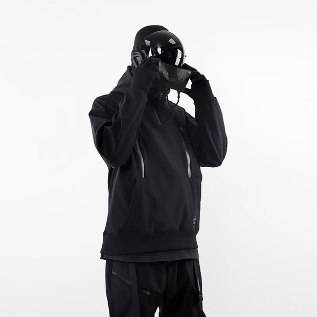 Man wearing black whyworks techwear hoodie adjustable hood