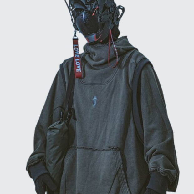 Man wearing navy blue cyberpunk techwear hoodie 