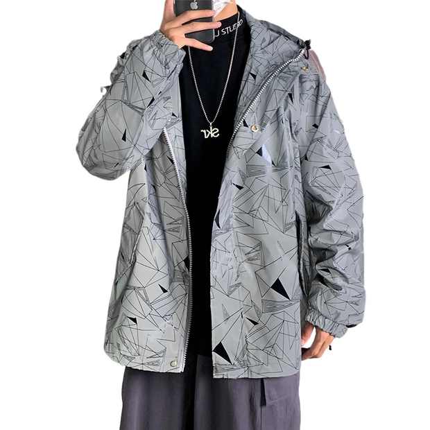 Man wearing silver black men reflective hoodie zipper closure