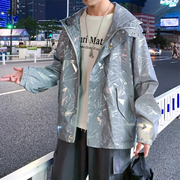 Man wearing silver grey men reflective hoodie