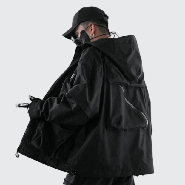 Multi pocket techwear windbreaker zipper closure  black