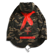 Unisex wearing red tactical camouflage jacket