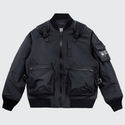 Unisex wearing black bomber cargo jacket zipper closure