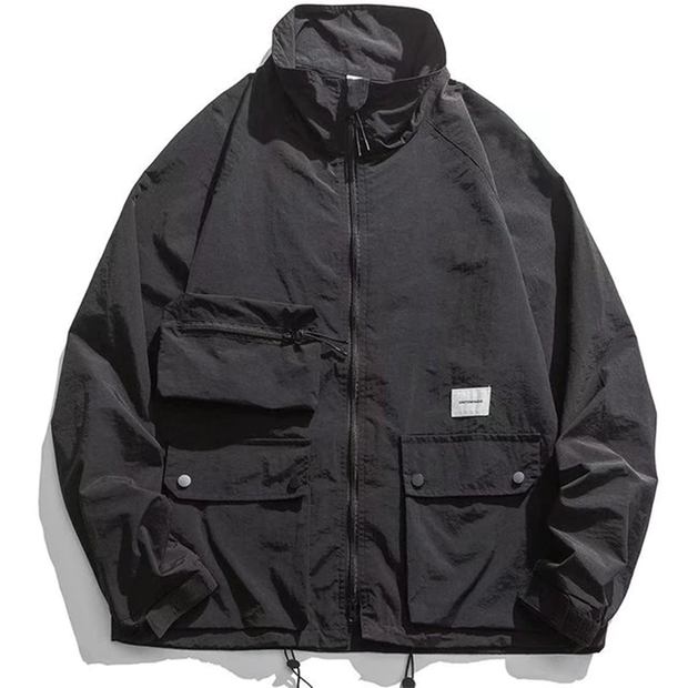 Unisex wearing black cargo pocket streetwear jackets multiple pockets decoration