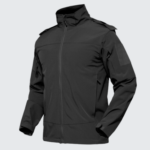 Unisex wearing black tactical rain jacket waterproof material