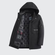Black tactical waterproof winter jacket zipper closure