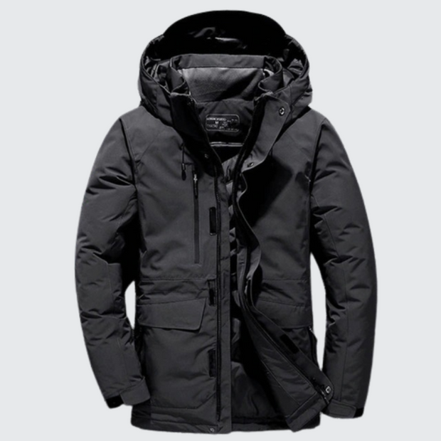 Black tactical winter jacket zipper closure