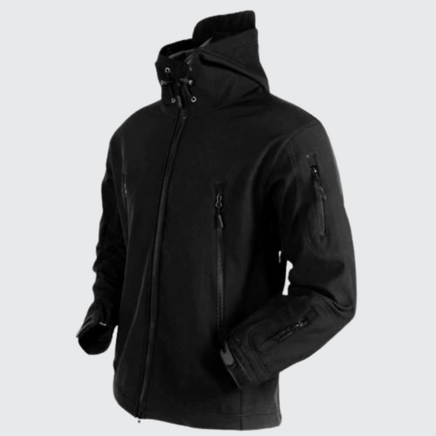 Unisex wearing black technical cargo jacket multiple pockets decoration