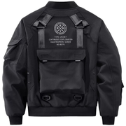 Unisex wearing black techwear bomber jacket dark military bomber design