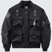 Unisex wearing black techwear bomber jacket Zipper closure