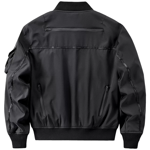 Black techwear pilot bomber jacket multiple pockets decoration