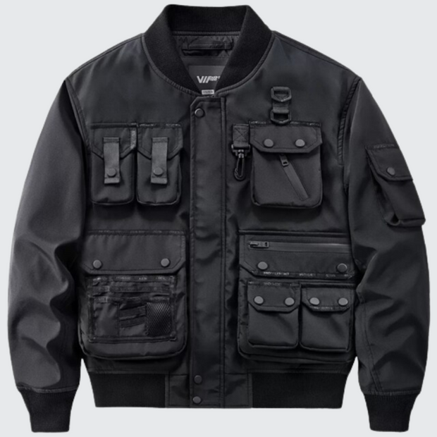 Black techwear pilot bomber jacket zipper closure