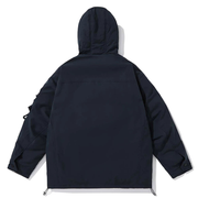 Blue hooded sweater with pockets back view 