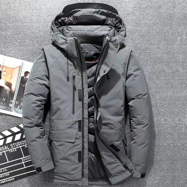 Unisex wearing deep grey tactical winter jacket comes with hood