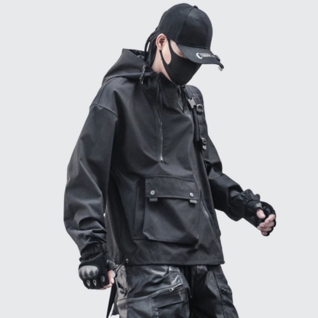 Man wearing cargo jacket black zipper closure