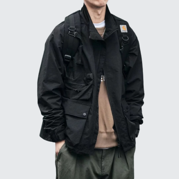 Man wearing black cargo pocket streetwear jackets zipper closure