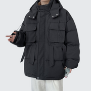 Man wearing black streetwear puffer jackets zipper closure