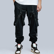 Black techwear buckle cargo pants adjustable straps front  view
