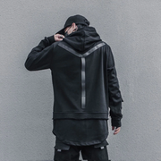 Man wearing black hooded sweatshirt patchworks design