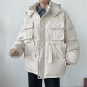 Unisex wearing white streetwear puffer jackets multiple pockets decoration