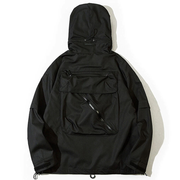 Multi pocket techwear windbreaker comes with hood black